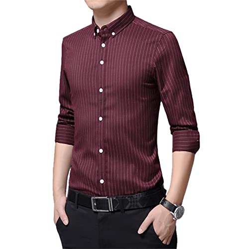 Ying Freizeithemden Herren Frühling Herbst Klassisch Vintage Gestreift Herren Langarmshirt Slim Fit Trend Gutaussehend Jugend Urban Business Arbeiten Männer Hemd E-Red XL