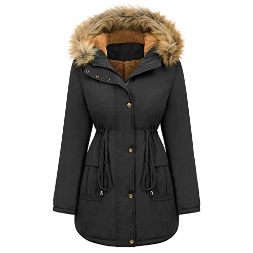 Yowablo Jacke Damen Winterjacke Regenjacke Damen übergangsjacke Damen Jacke Frauen Herbst und Winter Plüsch Kapuze lose Kordelzug Lange einfarbig (XXL,Schwarz)