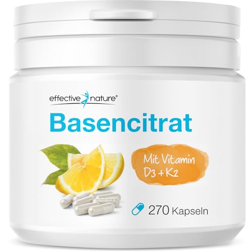 effective nature - Basencitrate - 270 Kapseln - Mit Vitamin D3 & K2 - Natürlicher Verbund mit Zitronenpulver - Zur Unterstützung eines normalen Säure-Basen-Haushalts - Vegan
