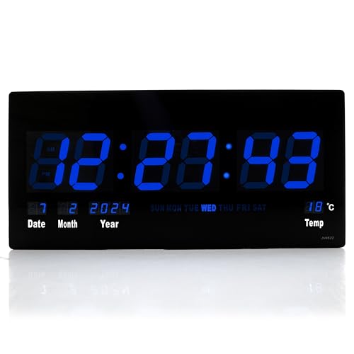 TruWare Just Camp Wanduhr Digital Groß LED Uhr mit Kalender Temperaturanzeige Studiouhr für Gewerbe Cafes Kiosk Hallen Digitaluhr XXL (Blau)