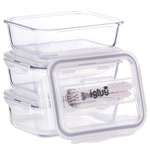 Igluu Meal Prep - Glasbehälter mit Besteckdeckel - luftdichte Portionskontrolle Lebensmittelaufbewahrung BPA-frei - mikrowellengeeignet, ofen- und spülmaschinengeeignet 1050ml (3er Pack)
