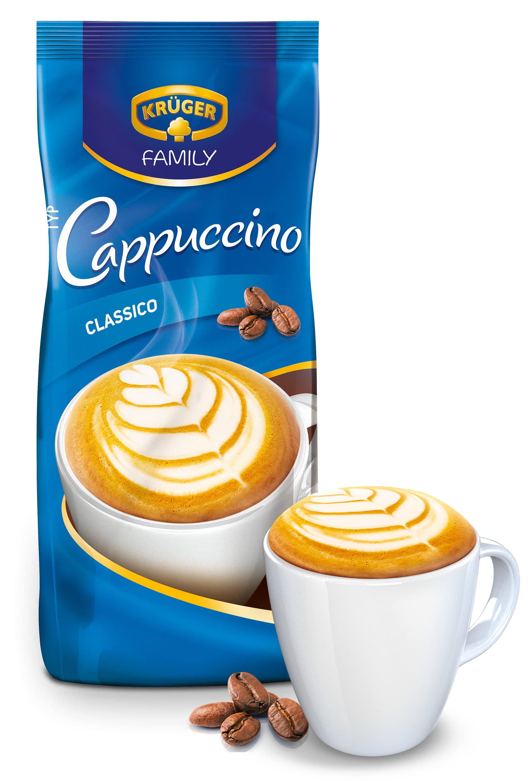 KRÜGER Family Cappuccino Classico, aromatisiertes Getränkepulver mit löslichem Bohnenkaffee, koffeinhaltig, 12x 500 g Beutel