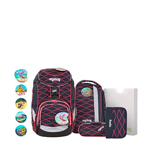 Ergobag Pack WellenreitBär, Lumi Edition, ergonomischer Schulrucksack, Set 6-teilig, 20 Liter, 1.100 g, Koralle Wellen