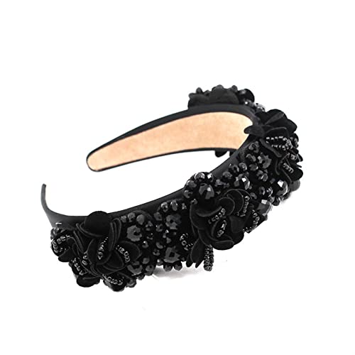 Strass Kristall breite Stirnbänder Blume elastische Haarreifen Vintage Mode Haarschmuck für Frauen, Schwarz