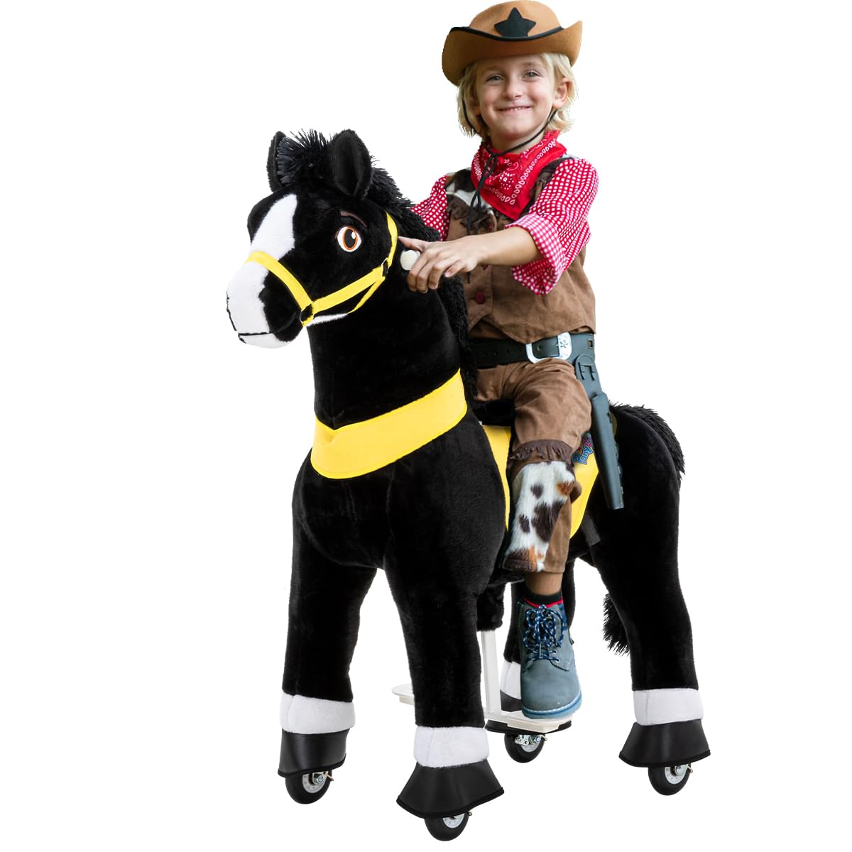 PonyCycle Black Beauty | 𝟯 𝐉𝐀𝐇𝐑𝐄 𝐆𝐀𝐑𝐀𝐍𝐓𝐈𝐄 - E-Serie Pferd - Schaukelpferd mit Handbremse - Kuscheltier - Spielpferd zum Reiten - Kinder Pony auf Rollen - Plüschtier - 3-5 Jahre