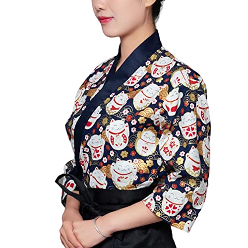 DNJKH Koch Uniform Katzendruck Gastronomie Arbeitskleidung Femmes kochbekleidung Seitlicher Haltegurt Kimono