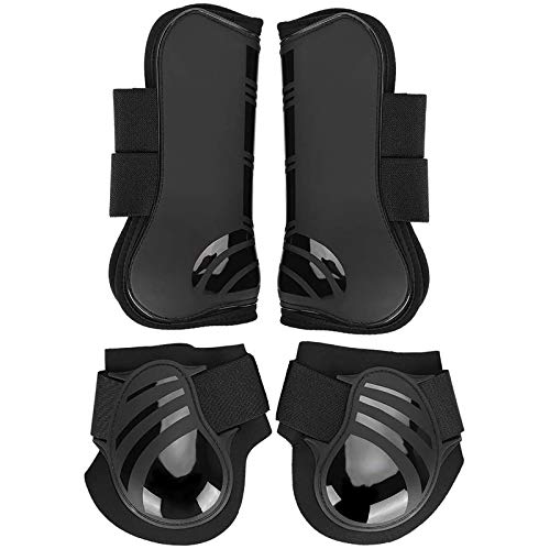 Hufeisen 4 Paar elastische Hufeisen verdicken die PU-Vorderbeine Beinschutz Einstellbare vordere und hintere Gamaschen,Schwarz,XL