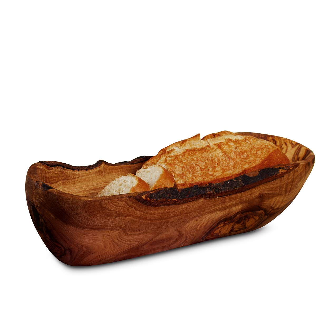 DAS OLIVENHOLZBRETT® typisch läglich schmale Schale für Baguette und geschnittenes Brot, Baguetteschale Olivenholz, Brotschale aus Holz, 35 cm