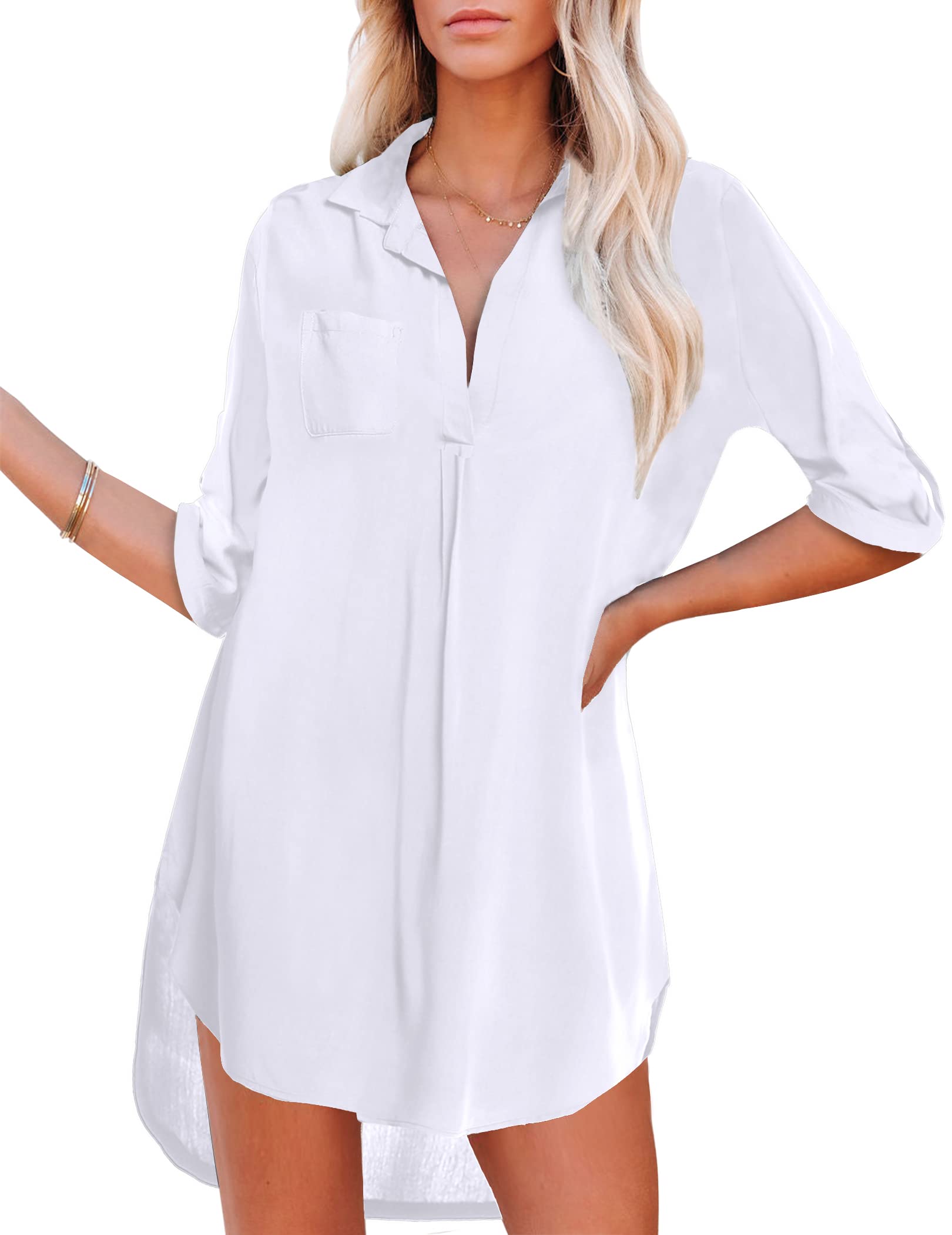 UNibelle Damen Strandkleid Hemdkleid Kleidung Strand Hemdkleid V-Ausschnitt Rock Sommer Cuffed Sleeve Shirts Tops Weiß, Medium