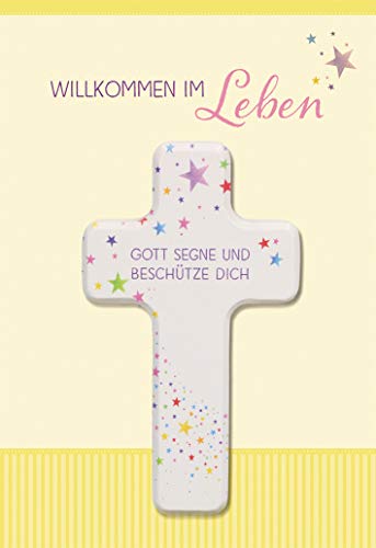 Butzon & Bercker Glückwunschkarte zur Geburt mit Holzkreuz 'Willkommen im Leben' - Motiv 'Sterne'