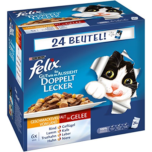 Felix So gut wie es aussieht, Katzennassfutter, Doppelt Lecker Geschmacksvielfalt vom Land I Adult I 4er Pack (4 x 24 x 100g)