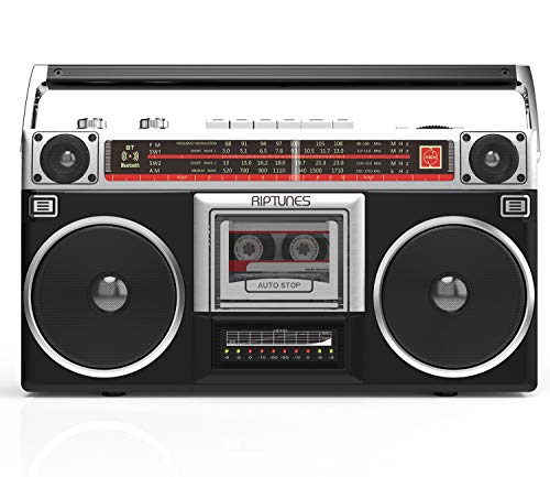 Riptunes Boombox Radio Kassettenspieler Recorder, AM/FM -SW1/SW2 Radio, kabelloses Streaming, USB/Micro SD Slots, AUX In, Kopfhöreranschluss, Konvertieren von Kassetten auf USB/SD, Klassischer 80er Jahre Stil Retro, Schwarz
