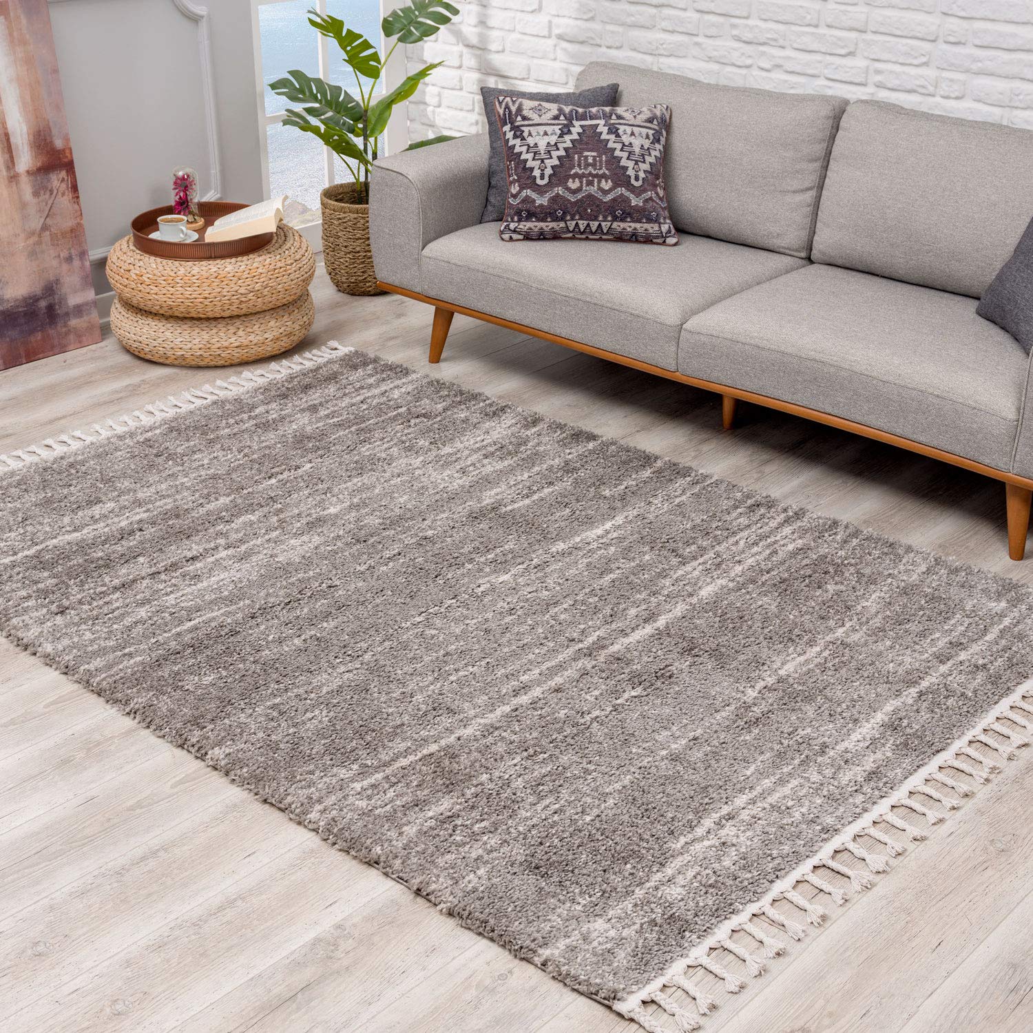 Teppich Hochflor Wohnzimmer - Ethno Stil Meliert 200x290 cm Grau Creme - Teppiche mit Fransen