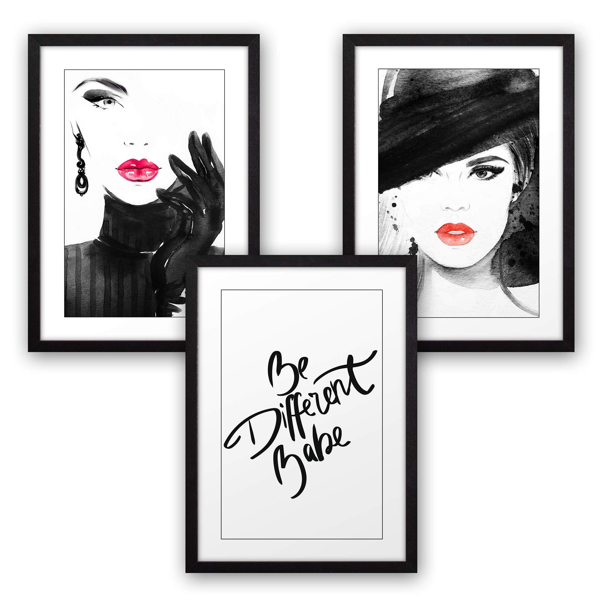 3-teiliges Premium Poster-Set | Kunstdruck | be different babe | Deko Bild für Ihre Wand | optional mit Rahmen | Wohnzimmer Badezimmer Modern Fine Art | DIN A4 / A3 (A3, schwarzer Rahmen)