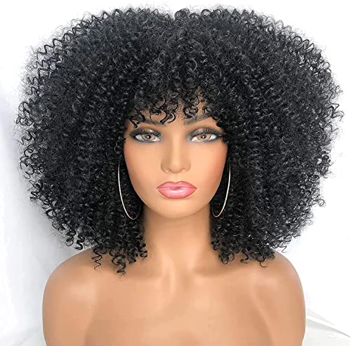 Kurze, lockige Afro-Perücke für schwarze Frauen, flauschiges lockiges Haar, Afro-Perücke, hitzebeständig, volle Perücken mit Pony