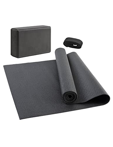 JELEX Yoga Set 3-TLG. Yogagurt, rutschfeste Yogamatte (173 x 61 cm) und formstabiler Block. Praktisches Set für Anfänger und Erfahrene, Dehnübungen, Entspannung, Fitness, grau