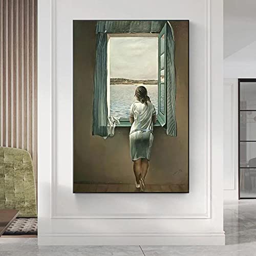 ZMFBHFBH Salvador Dali Die Frau am Fenster Leinwand Malerei Wandkunst Poster und Druck Kunstwerk Bilder für Wohnzimmer Wanddekor 50x90cm (20x35in) Mit Rahmen