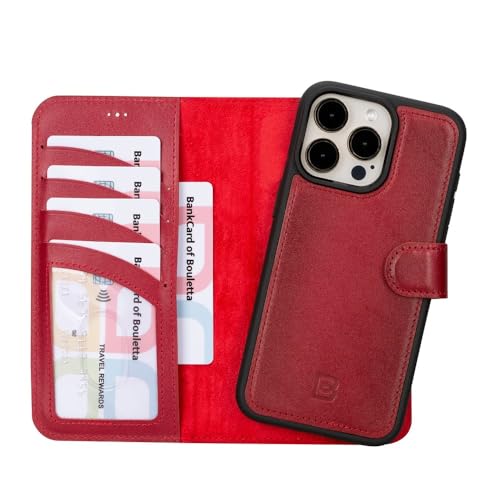BOULETTA Magsafe Schutzhülle für iPhone 15 Pro Max, kompatibel mit Vollnarbenleder, magnetisch, abnehmbare Folio-Schutzhülle (2-in-1), 4 Kartenhalter mit RFID-Blockierung, 17 cm (6,7 Zoll),