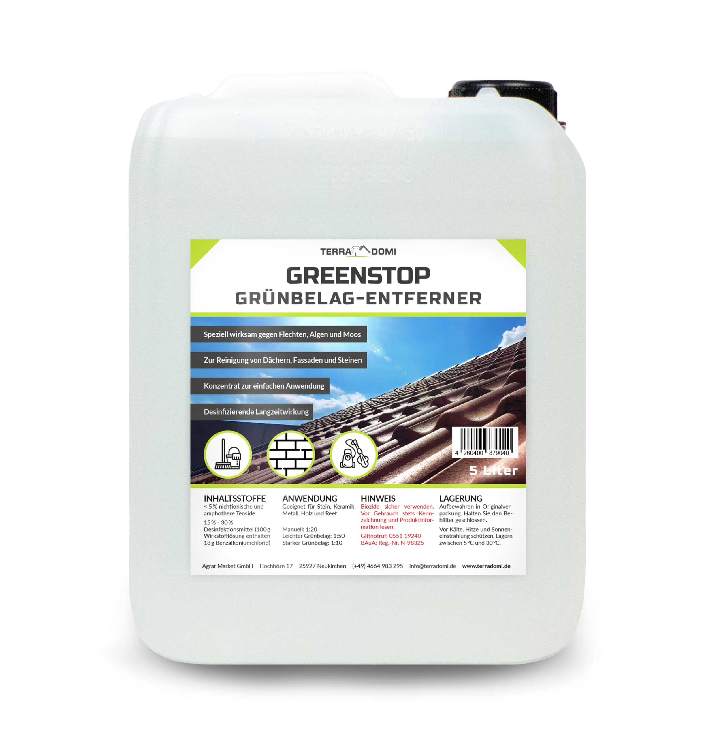 TerraDomi 5 Liter Greenstop für 1500m² I Grünbelagentferner 1:50 Konzentrat gegen Flechten und Algen I Dach- und Steinreiniger I effektiver Fassadenreiniger | A.K.B. …