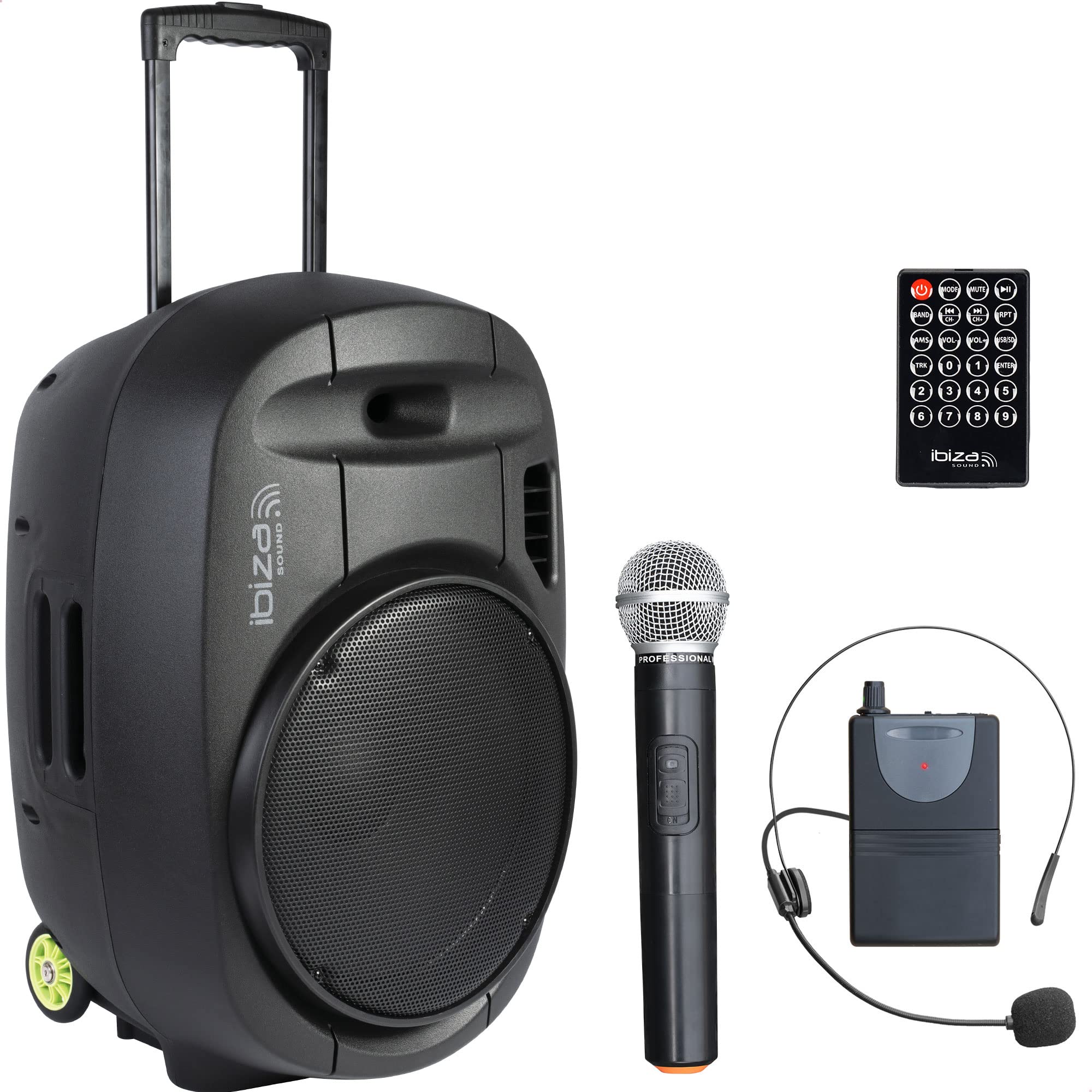 PORT15VHF-MKII - IBIZA - Tragbarer Lautsprecher 15"/800W MAX mit 2 Mikrofonen (VHF), Fernbedienung und Zubehörtasche - Bluetooth, USB, SD - 5-7 Std. Wiedergabezeit