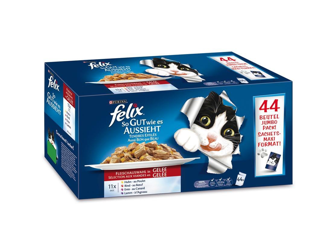 Felix So gut wie es aussieht, Jumbopack Katzennassfutter, Geschmacksvielfalt vom Land in Gelee Jumbo-Pack (44 x 100 g)