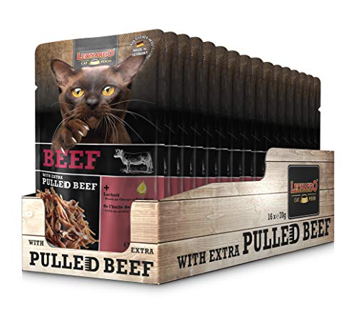 Leonardo Frischebeutel Beef mit Fleischstreifen [Pulled Beef] 70g | Getreidefreies Nassfutter für Katzen | Alleinfuttermittel Katzenfutter