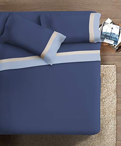 Bettwäsche-Set mit doppeltem Volant, aus Baumwolle, für Doppelbett, Satin, Hellblau/Creme, Hintergrund Blau