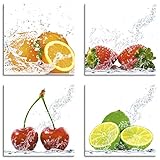 ARTLAND Küchenbilder Leinwandbilder Set 4 teilig je 20x20 cm Quadratisch Wandbilder Obst Früchte mit Spritzwasser S6MJ