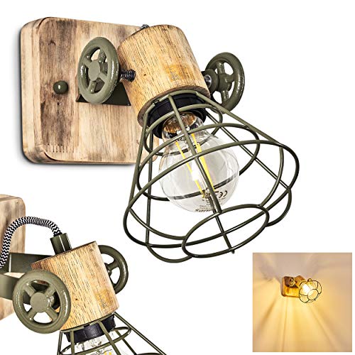 Wandleuchte Nifun, verstellbare Wandlampe aus Metall/Holz in Gün/Braun, 1-flammig, 1 x E27-Fassung, Wandspot mit Gitter im Retro/Vintage Design, ohne Leuchtmittel