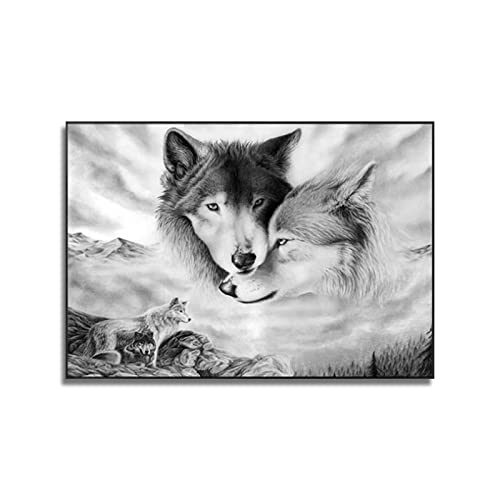 LXWWW Abstrakte Leinwand Malerei Druck Wandkunst Wolf Paar Schwarz-Weiß Tiere Poster Moderne Wohnkultur （70x100cm/27,6×39,4inch） Rahmenlos