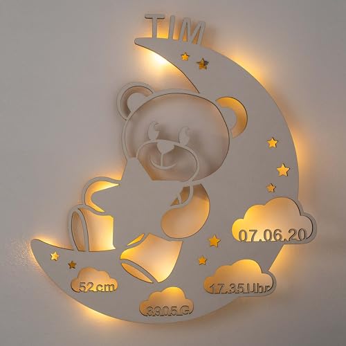 LAUBLUST Schlummerlicht Bär im Mond - Personalisiertes Baby-Geschenk zur Geburt & Taufe - LED Beleuchtung | Weiß