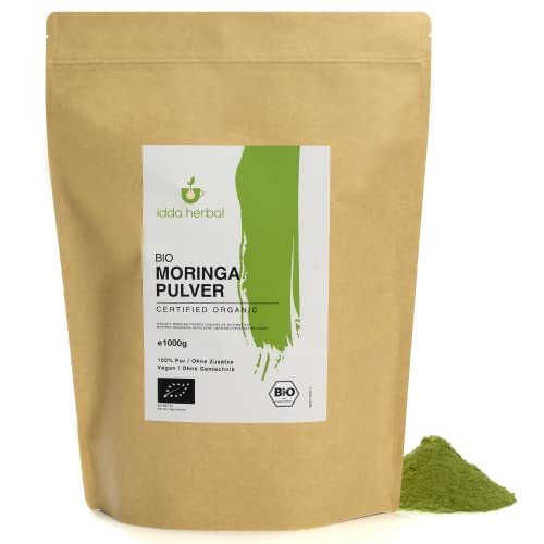 BIO Moringa Pulver (1kg), Getrocknete und schonend gemahlene Moringablätter, Moringablattpulver aus biologischem Anbau, 100% Natürlich und rein, Vegan
