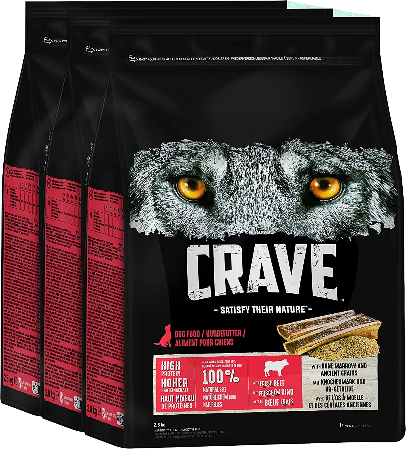 Crave Premium Trockenfutter Rind mit Knochenmark und Urgetreide für Hunde – Getreidefreies Adult Hundefutter mit hohem Proteingehalt – 3 x 2,8 kg