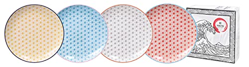 TOKYO design studio Star Wave 4-er Teller-Set bunt, Ø 25,7 cm, ca. 3 cm hoch, asiatisches Porzellan, Japanisches Design mit geometrischen Mustern