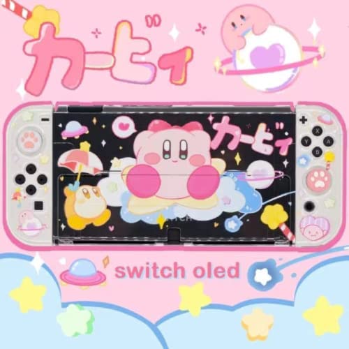 ENFILY Cute Kirby Protective Case for Nintendo Switch OLED, Cute Bling Clear Soft TPU Slim Cover, Kawaii Dockable Case for NS, Sparkle Skin Set