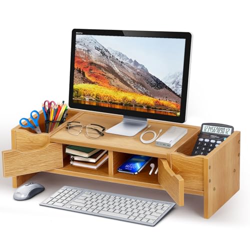 uyoyous Monitorständer Holz Unterbau Bildschirm, PC Bildschirm Ständer Keine Montage Erforderlich Monitorständer Mit Schublade Exquisit Bildschirmerhöhung Schreibtisch