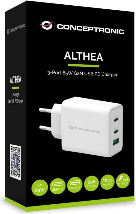 Conceptronic ALTHEA12W 3-Port 65W GaN USB PD Charger - Netzteil - 65 Watt - 5 A (USB, 2 x USB-C) - weiß