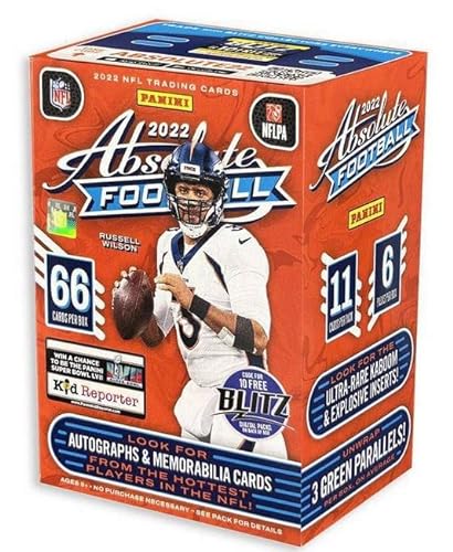 2022 Panini Absolute NFL Football Blaster Box - Look for Kaboom! & Explosive Inserts - 6 Packungen pro Box - 11 Karten pro Packung - 66 Sammelkarten pro Box
