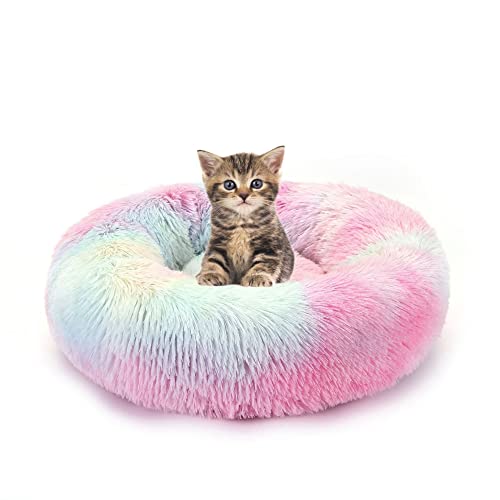 SEDOXX Donut Haustierbett Plüsch Katzenbett für Indoor Katzen für kleine, mittelgroße Haustiere, weiches, beruhigendes Schlafbett, flauschiges Hundebett, waschbar, selbstwärmendes Kätzchen, hält warm, 120 cm, Regenbogen