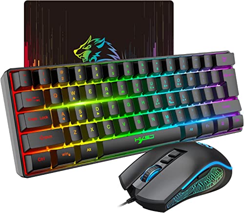 HXSJ V700 Gaming Tastatur und Maus Set,60% Kompakte Tastatur,61 Tasten,TKL Layout,RGB-Beleuchtung,Optische Gaming-Sensormaus mit 7 Tasten,7-Farbiges LED-Licht,Bis zu 3600 DPI,für PC,Mac-Schwarz