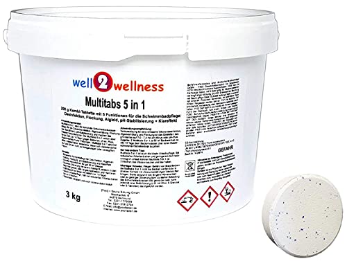 well2wellness Chlor Multitabs 200g 3,0 kg | Schützt Pooloberfläche | Langsamlöslich | 5 Wirkungen in 1 Tablette | Langanhaltende Wirkung | Multifunktionstabletten | Reinigungstablette