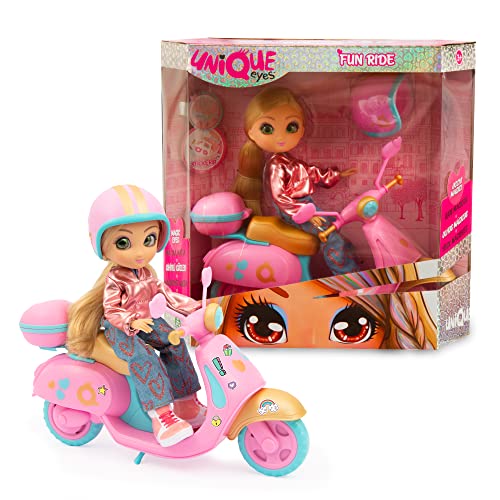 Unique Eyes - Amy Fun Ride, Fashion Puppe mit langen Haaren, folgen Sie den Augen, und rosa Motorroller mit Kofferraum, die sich öffnen und viele Zubehör, Helm und Aufkleber zum Dekorieren, berühmt (MYM11200)