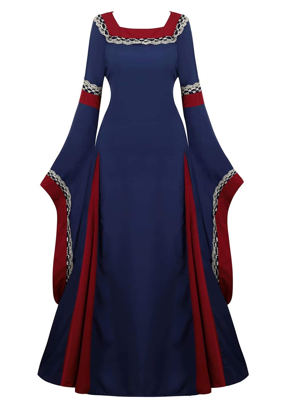 Josamogre Mittelalter Kleidung Damen Kleid mit Trompetenärmel Party Kostüm bodenlang Vintage Retro Renaissance Costume Cosplay Dunkel blau L