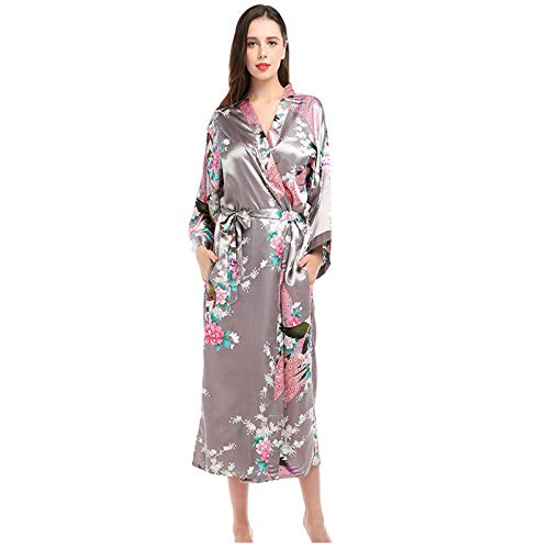 Damen Kimono Roben Morgenmantel, Seide Robe V-Ausschnitt Kimono lose Nachtwäsche Print Bademantel Leichte Nachtwäsche Damen Morgenmantel 001-M