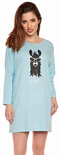 Selente Moonline modernes und bequemes Damen Nachthemd, aus 100% weicher Baumwolle, hellblau-Lama, Gr. XL