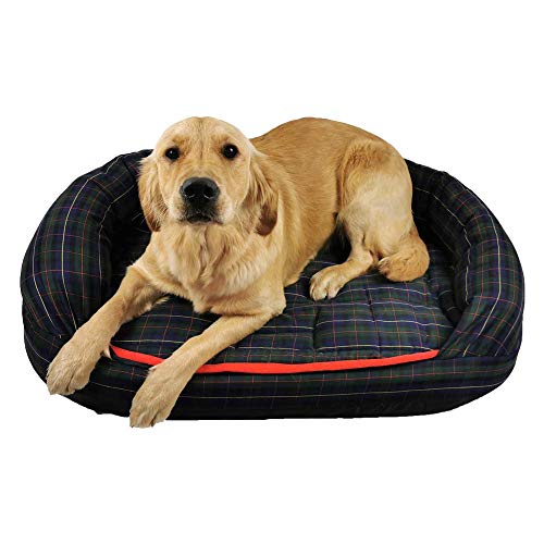 Romneys DogBed Tartan | Das gemütliche Hundebett mit Matratze und Thermo-Hundedecke | Waschbar, ergonomisch, isolieren - Ideal auch für ältere Hunde (L (92 x 63 cm), Blau-kariert)