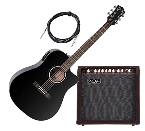 Rocktile D-60CE"Songwriter Pro" Set - Westerngitarre mit Tonabnehmer und Mikrofon - schwarz - 2-Kanal Akustikverstärker mit 30 Watt - Kabel