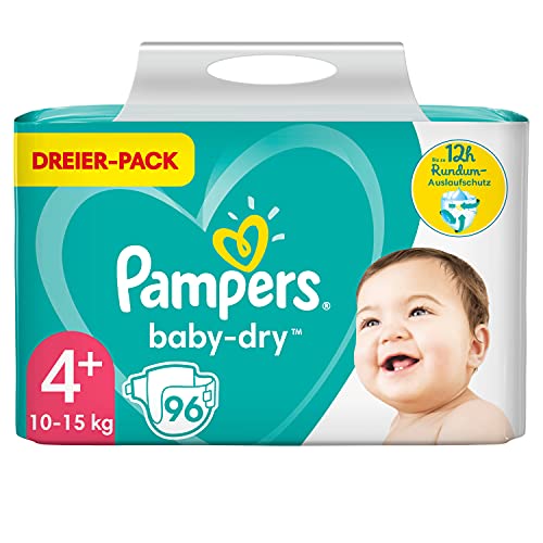 Pampers Windeln Größe 4+ (10-15kg) Baby Dry, 96 Stück, Bis Zu 12 Stunden Rundum-Auslaufschutz