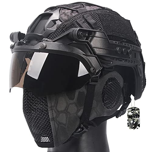 AQzxdc Fast-Helm Set, mit Stahl Maske und Verstellbarem Zweifarbigem Visier, Nylon-Helmüberzug, für Airsoft Paintball Jagd BBS,Bk max