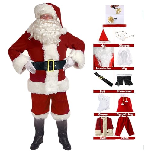 EXQUILEG Weihnachtsmann Kostüm für Herren, Weihnachtsmannkostüm mit Mütze Bart Gürtel und Handschuhe - Weihnachtskostüm Nikolauskostüm Weihnachtskostüme Kostüme (11-Teiliges,L)
